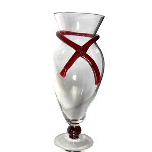 Ruby Red Ribbon Gold Handblown Footed Vintage Art Glass 11" Tall VASE Flowers De
